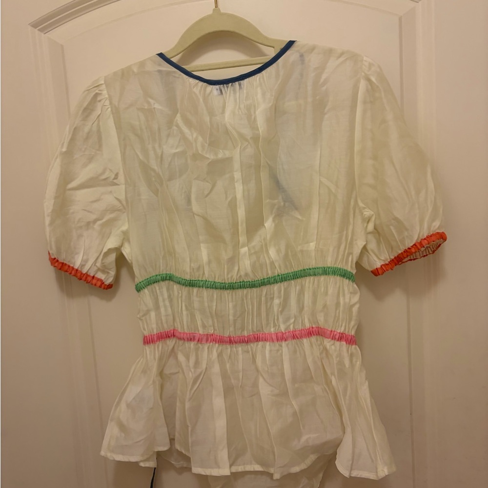 Current Air Cream Puff-Sleeve Blouse with Multicolor Trim and Navy Ties - Picture 3 of 3